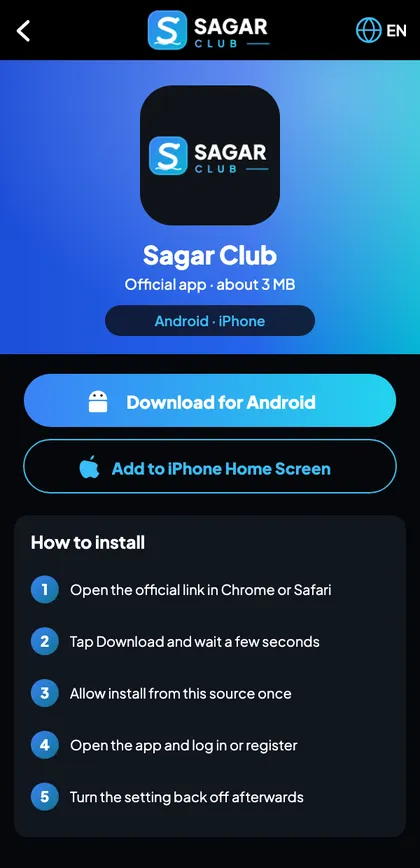 Sagar Club app download screen showing Download for Android