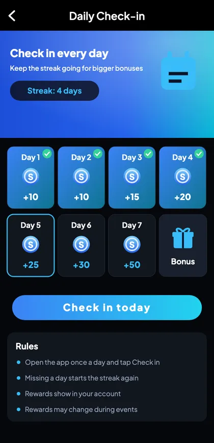 Sagar Club daily check-in screen with seven-day streak row