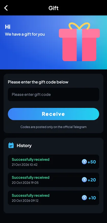 Sagar Club gift code page with code box, Receive button and history