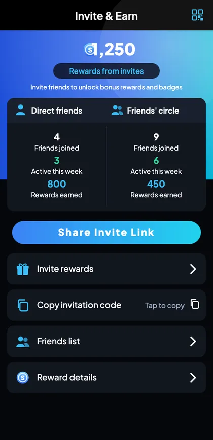 Sagar Club invite page with share invite link and copy invitation code