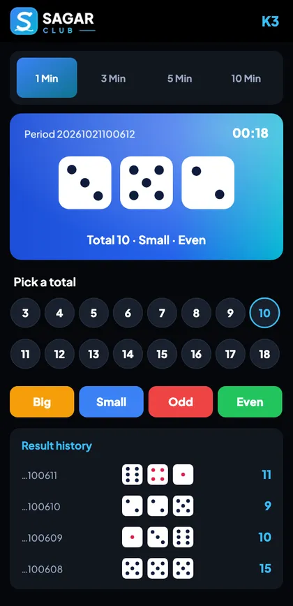 Sagar Club K3 dice screen with room tabs, dice, total picker and history