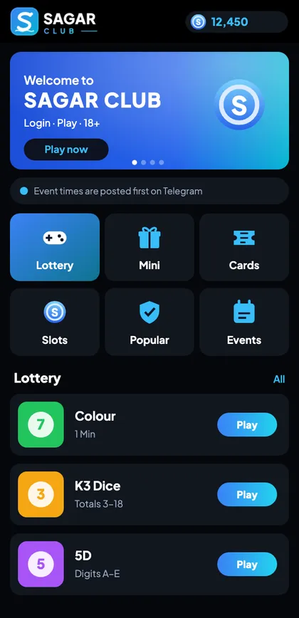 Sagar Club lobby with Lottery, Mini, Cards, Slots, Popular and Events tabs