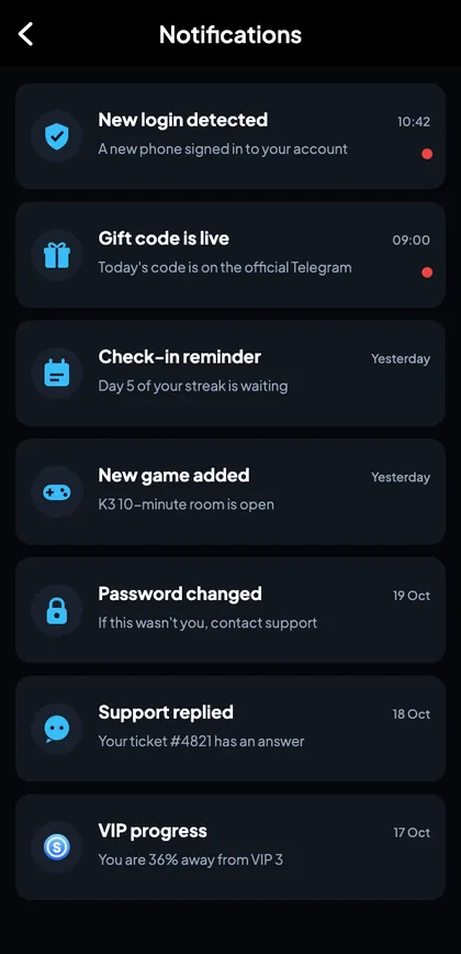 Sagar Club notifications list with new login and gift code alerts