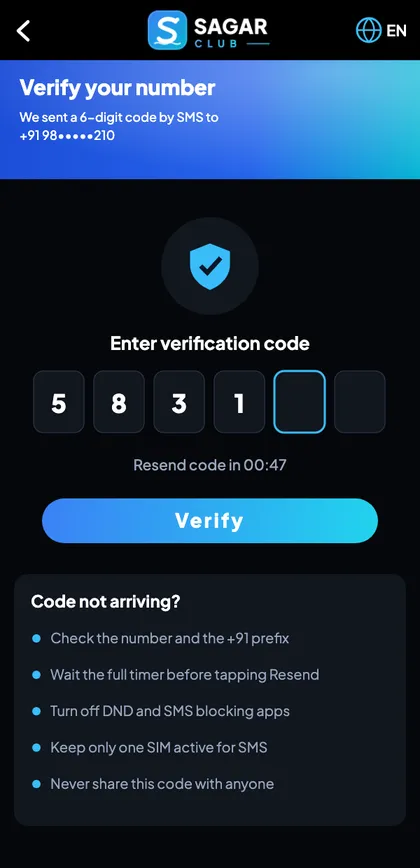 Sagar Club OTP verification screen with six code boxes
