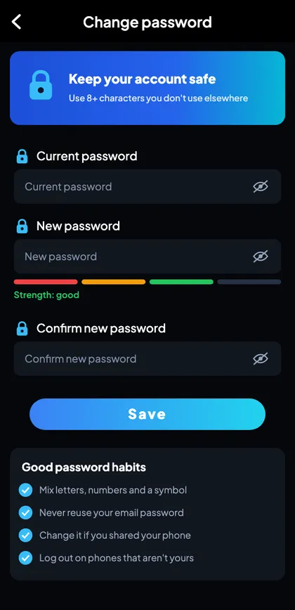 Sagar Club change password screen with current password, new password and strength bar