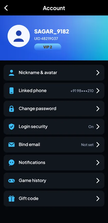 Sagar Club account page with nickname, UID, VIP badge and settings list