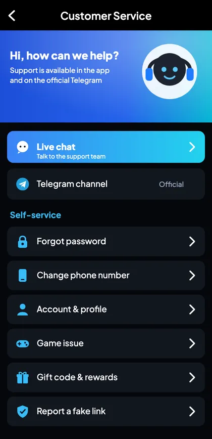 Sagar Club customer service page with live chat and self-service options